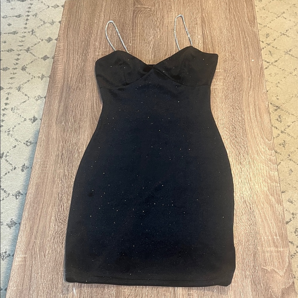 Windsor Glitter Mini Dress in Black with Sparkly Silver Straps, Size M